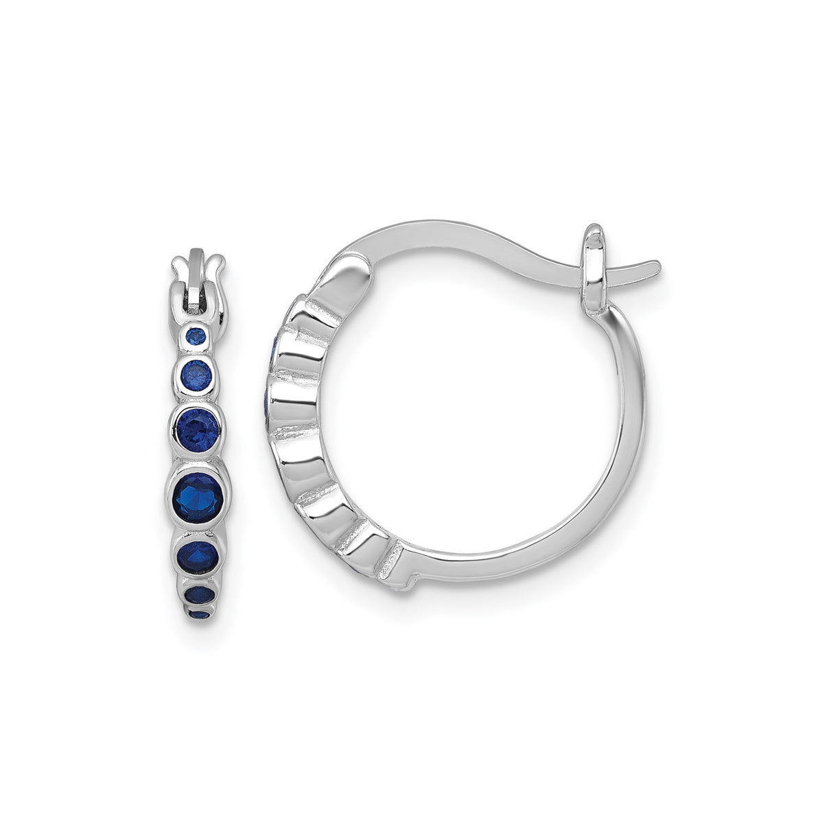 Sterling Silver Hoop Earrings with Graduated Blue Created Sapphire, Rhodium Plated Modern Style