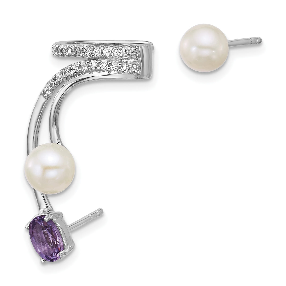 Sterling Silver Dangle Earrings with Freshwater Pearl, Amethyst, and Cubic Zirconia Accents