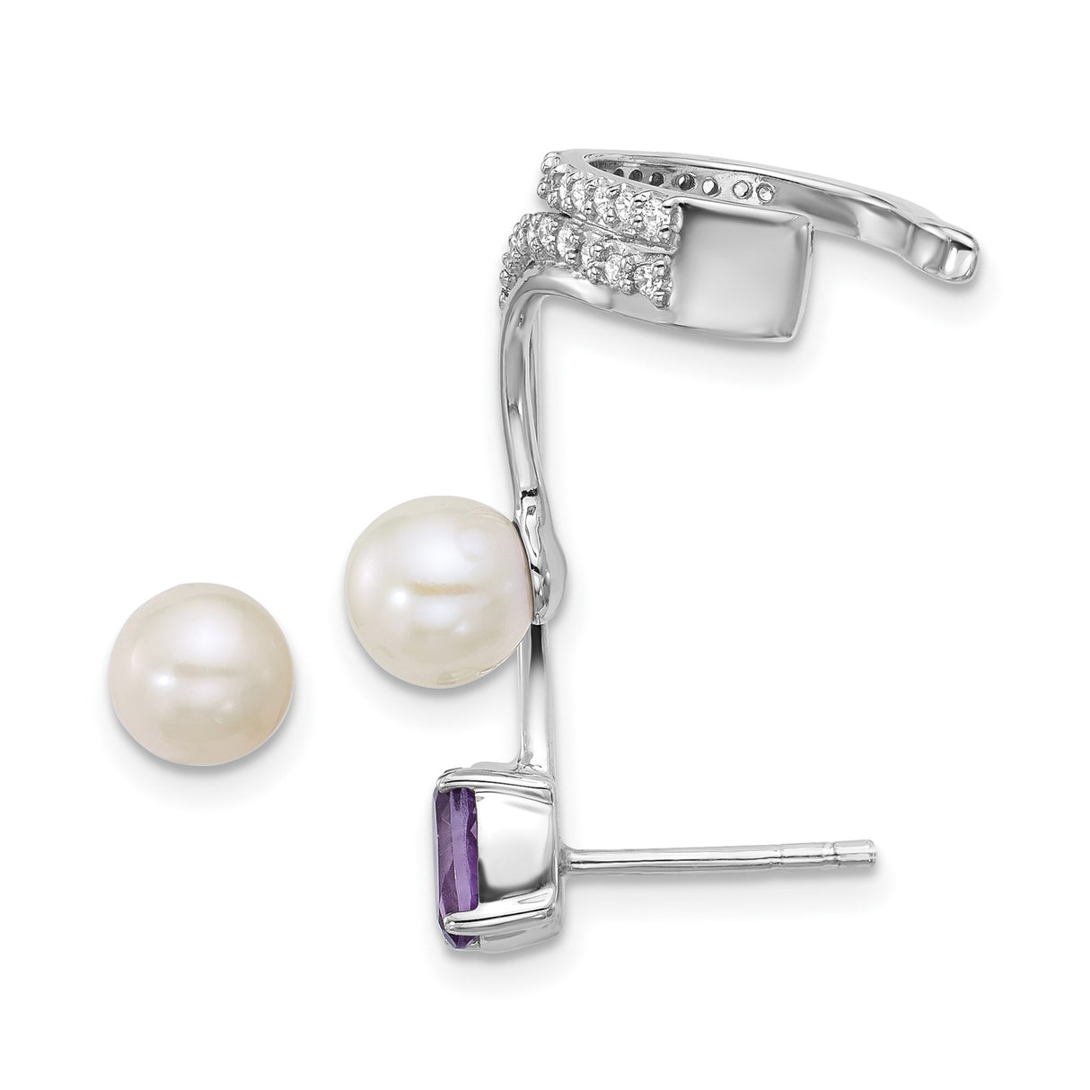 Sterling Silver Dangle Earrings with Freshwater Pearl, Amethyst, and Cubic Zirconia Accents
