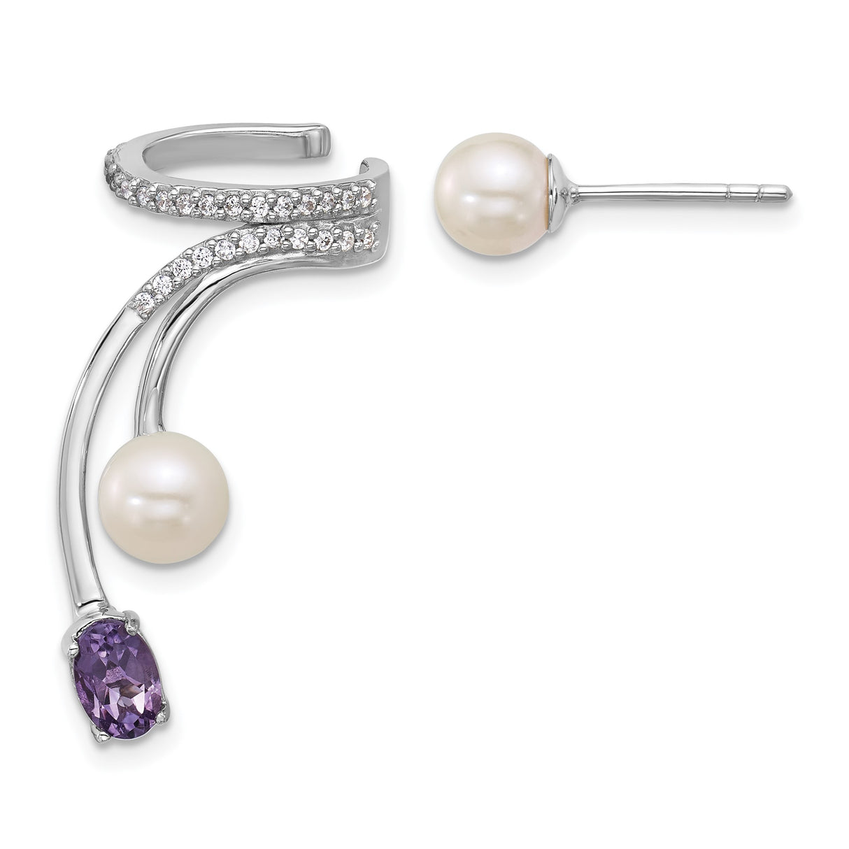 Sterling Silver Dangle Earrings with Freshwater Pearl, Amethyst, and Cubic Zirconia Accents
