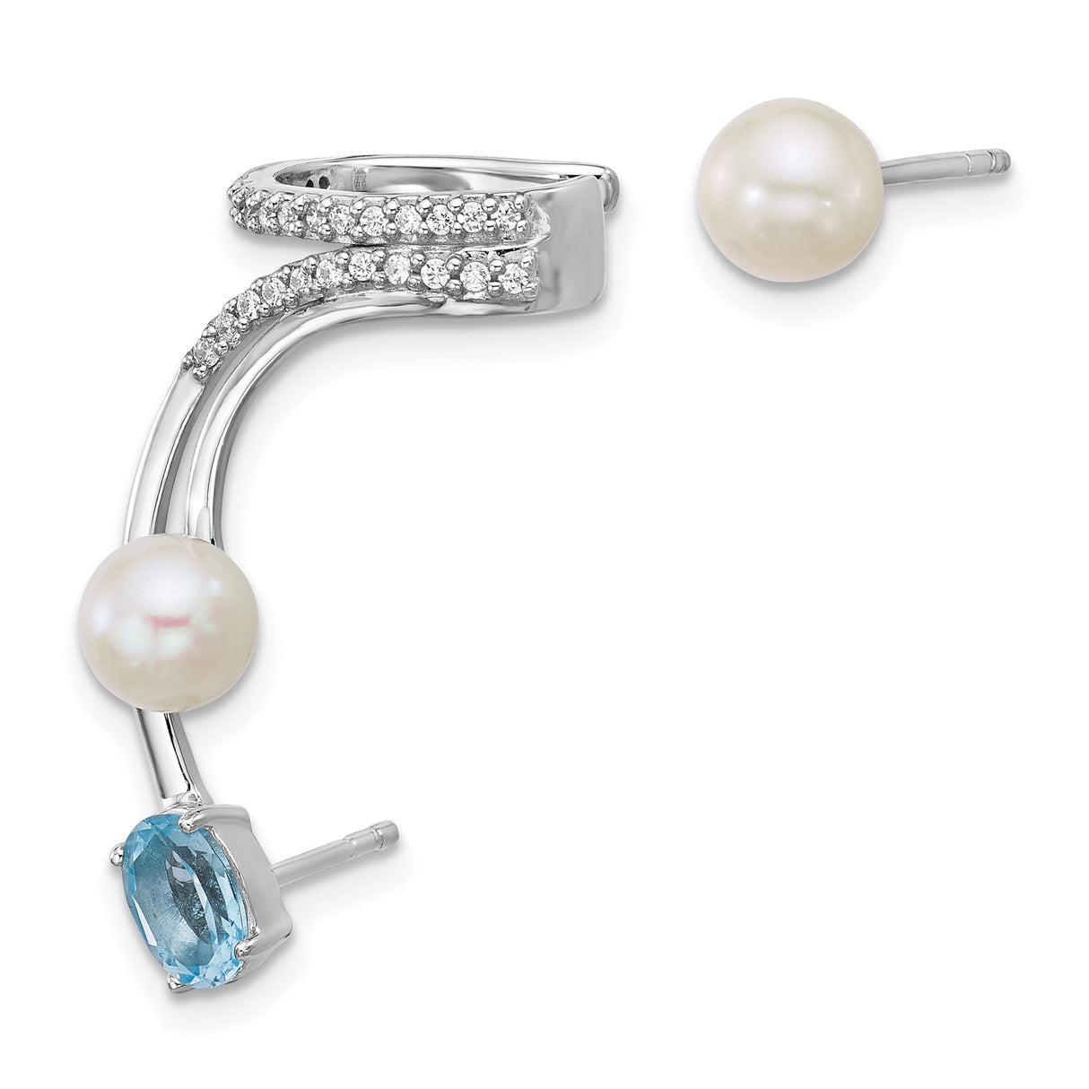 Sterling Silver Asymmetrical Ear Climbers and Stud Earrings with Pearls and Blue Topaz