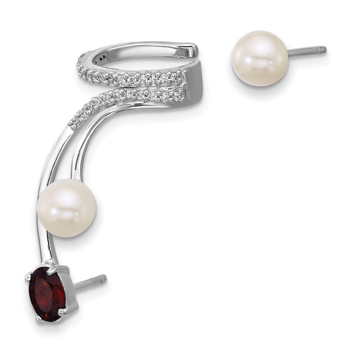 Sterling Silver Ear Cuff and Stud Earring Set with Pearl and Garnet, Modern Asymmetrical Design
