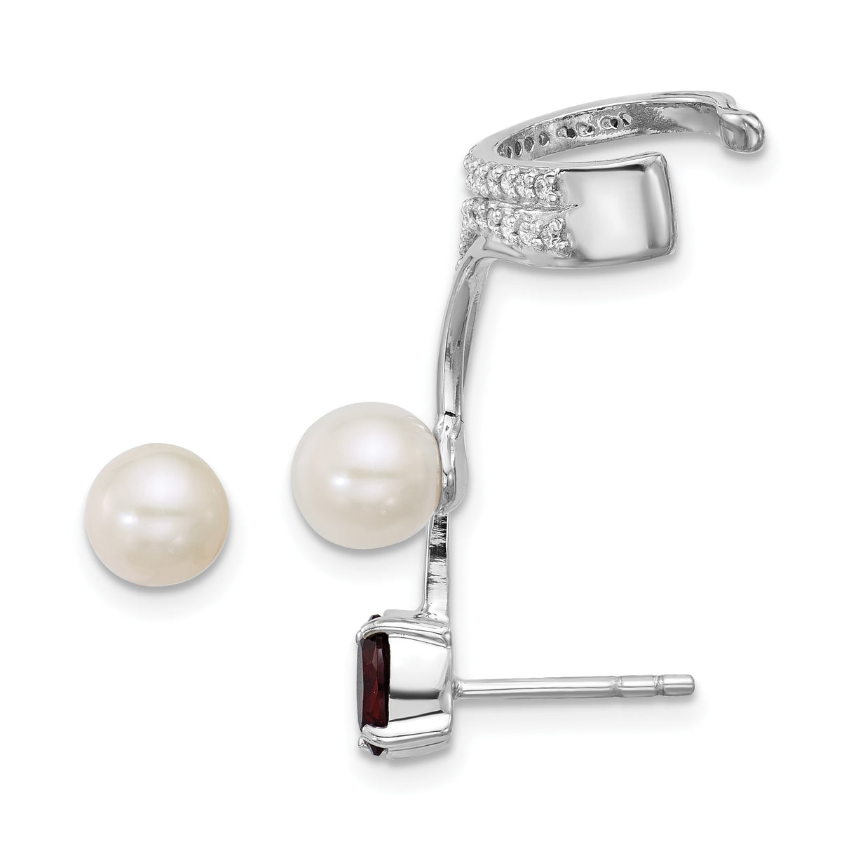 Sterling Silver Ear Cuff and Stud Earring Set with Pearl and Garnet, Modern Asymmetrical Design