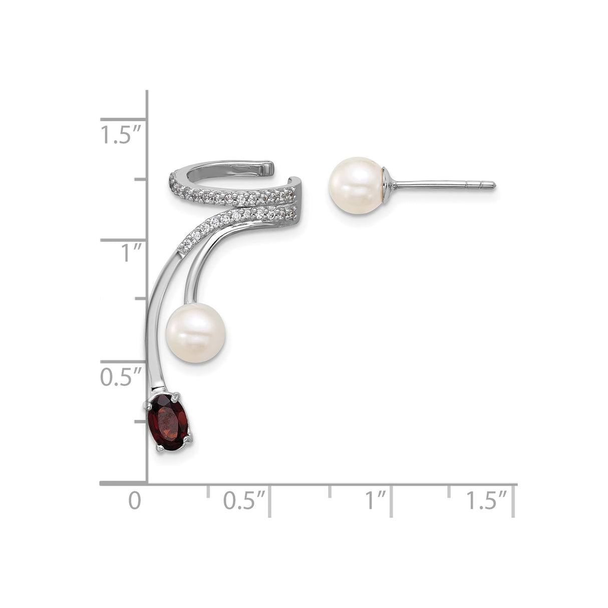Sterling Silver Ear Cuff and Stud Earring Set with Pearl and Garnet, Modern Asymmetrical Design