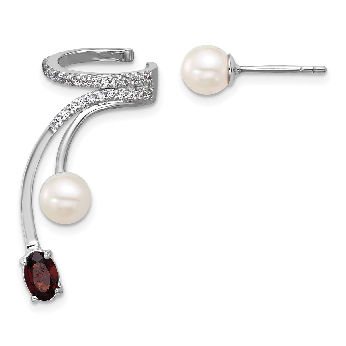 Sterling Silver Ear Cuff and Stud Earring Set with Pearl and Garnet, Modern Asymmetrical Design