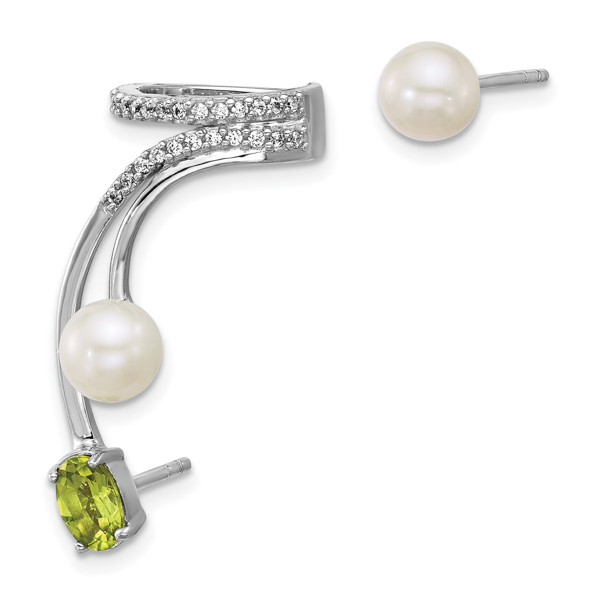 Sterling Silver Asymmetrical Stud Earrings with Freshwater Pearls and Peridot