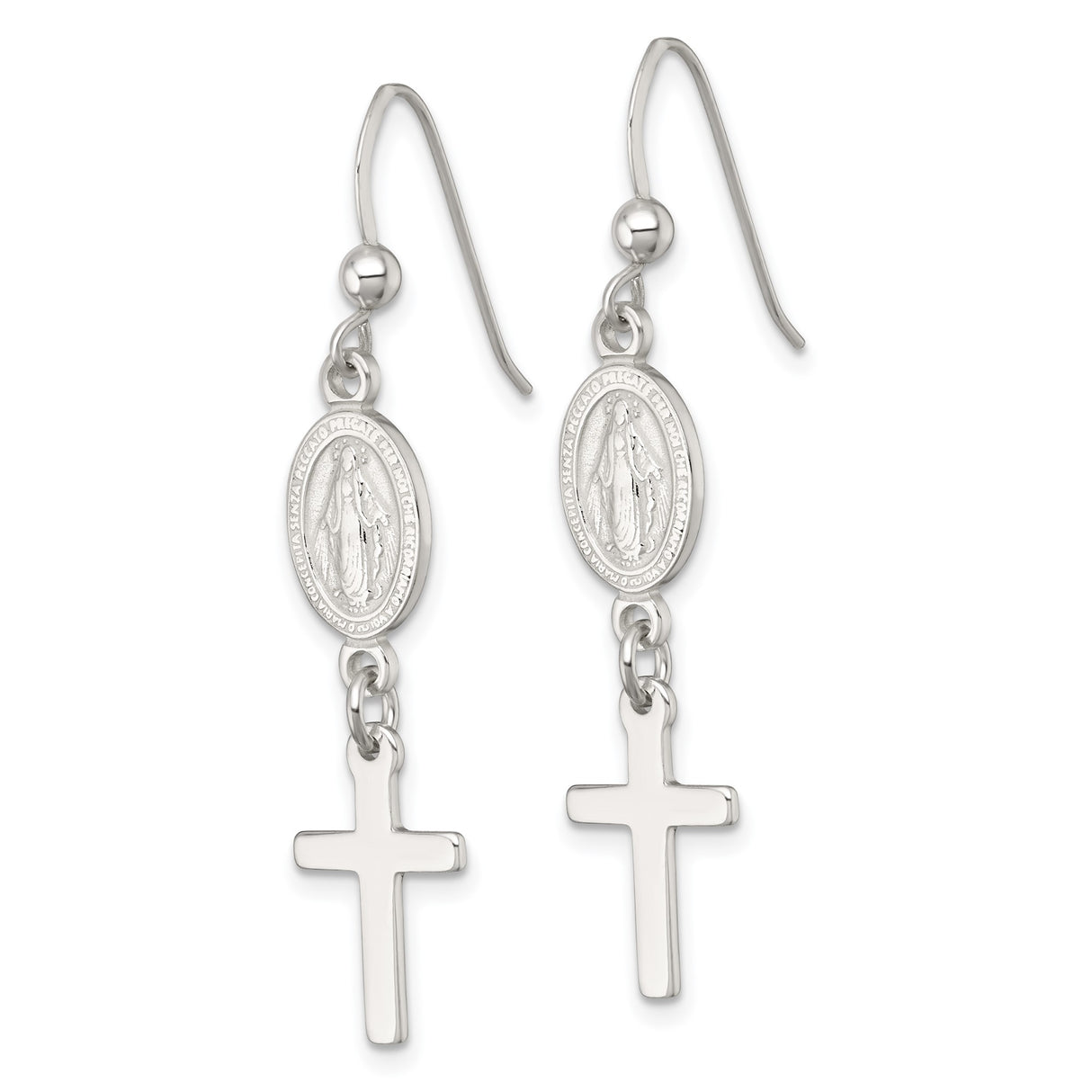 Sterling Silver Cross and Miraculous Medal Dangle Earrings, Virgin Mary Christian Jewelry for Women