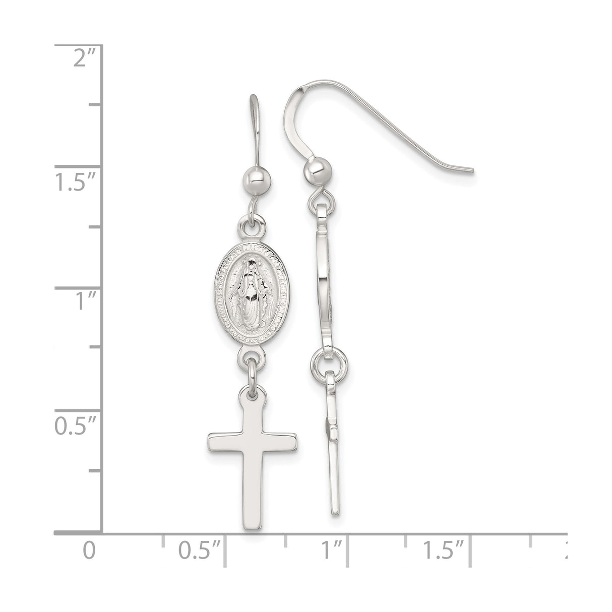 Sterling Silver Cross and Miraculous Medal Dangle Earrings, Virgin Mary Christian Jewelry for Women