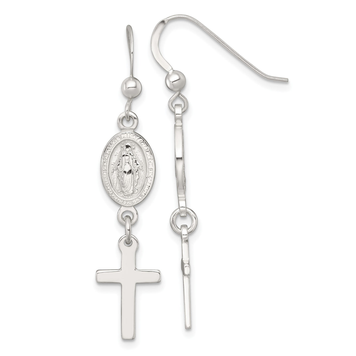 Sterling Silver Cross and Miraculous Medal Dangle Earrings, Virgin Mary Christian Jewelry for Women