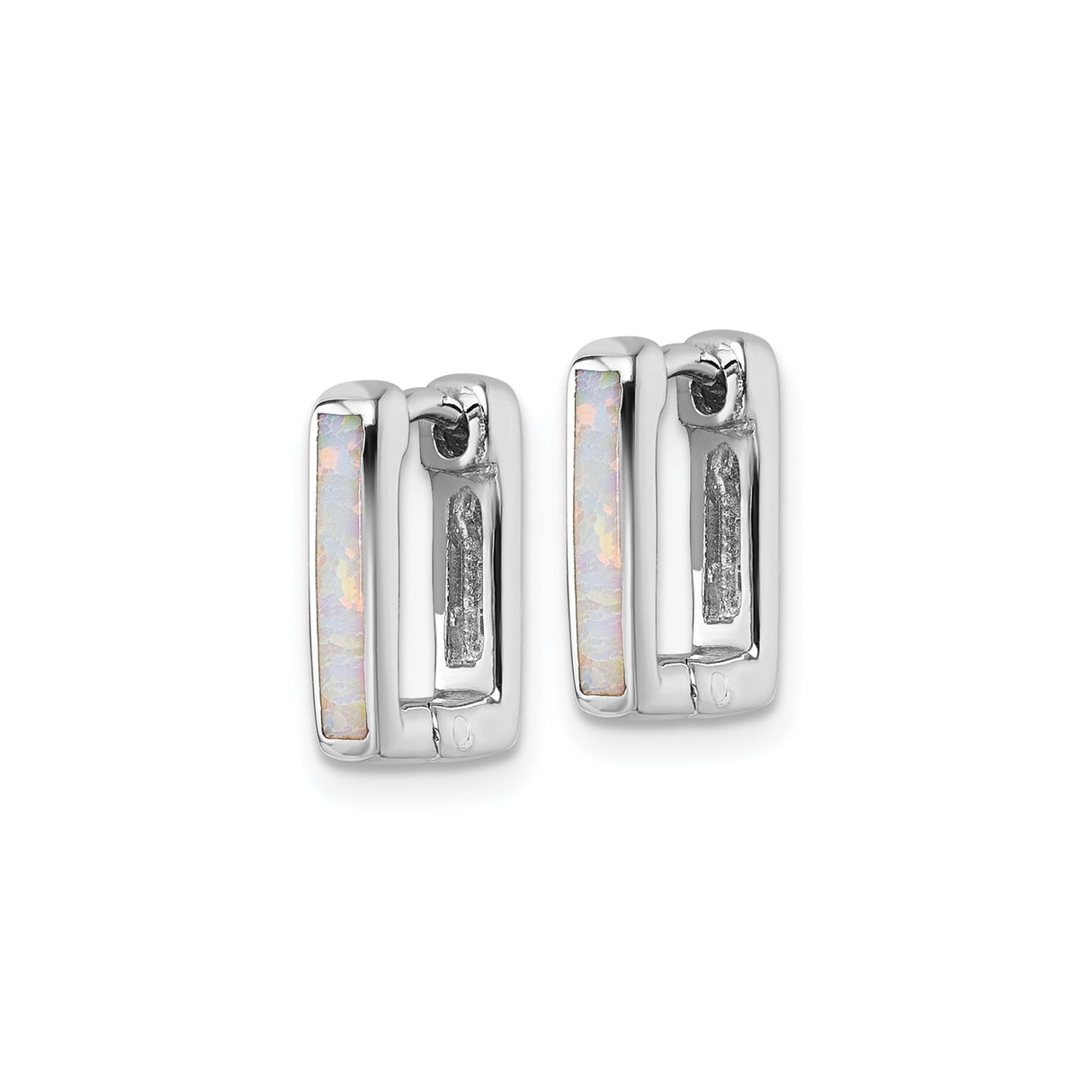 Sterling Silver Rectangular Hoop Earrings with Created Opal Inlay, Modern Hinged Design