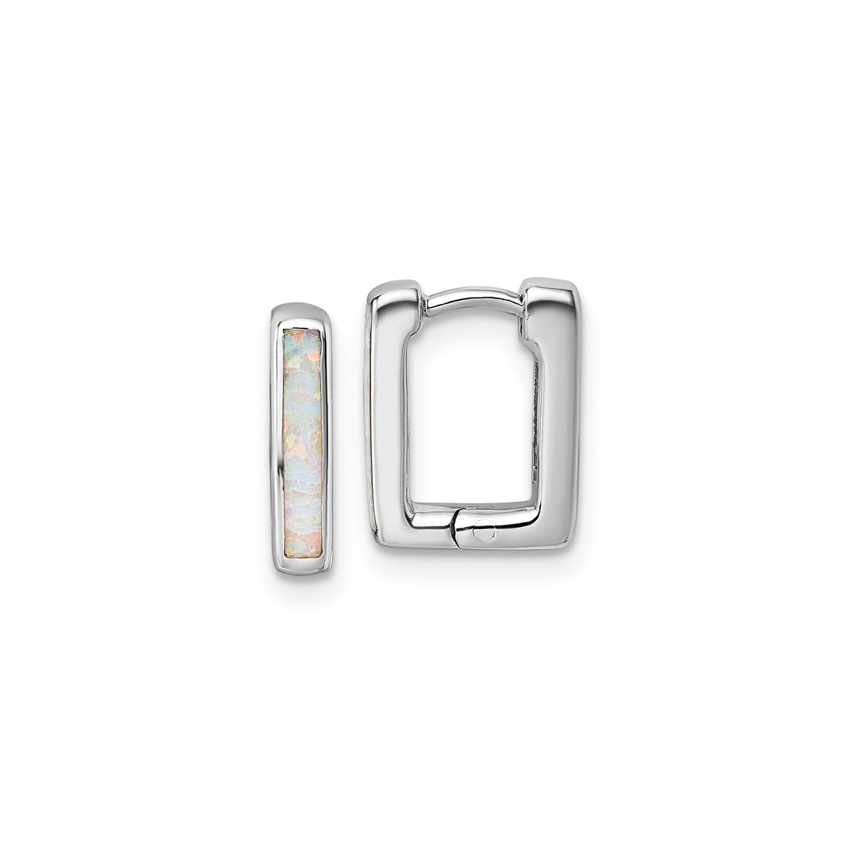 Sterling Silver Rectangular Hoop Earrings with Created Opal Inlay, Modern Hinged Design