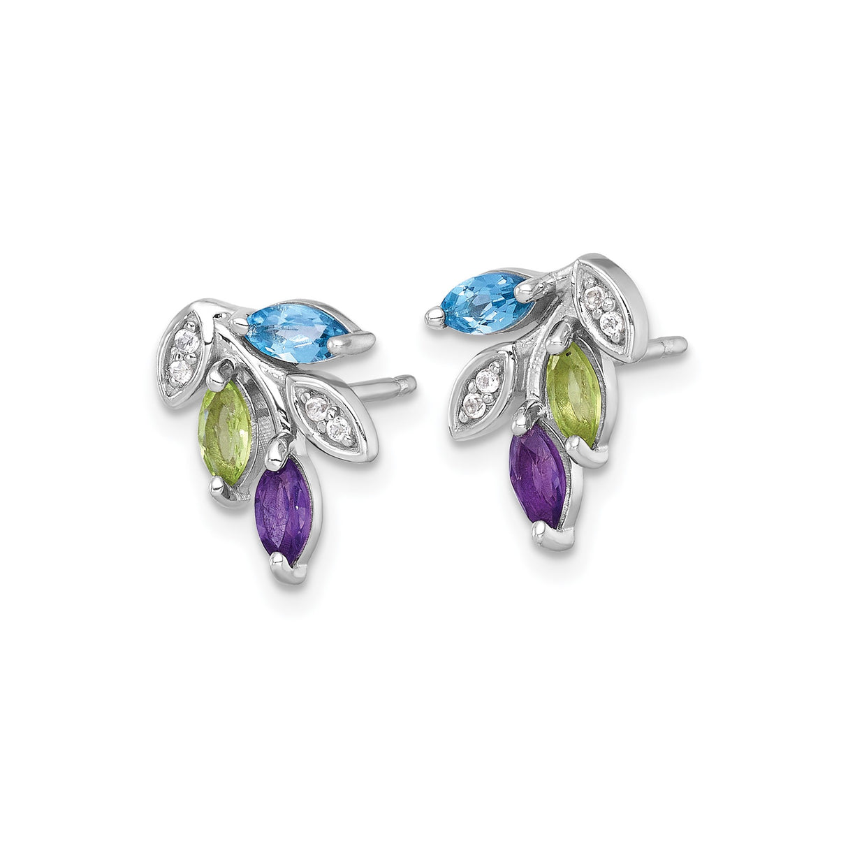Sterling Silver Leaf Stud Earrings with Amethyst, Peridot, and Blue Topaz, Botanical Design