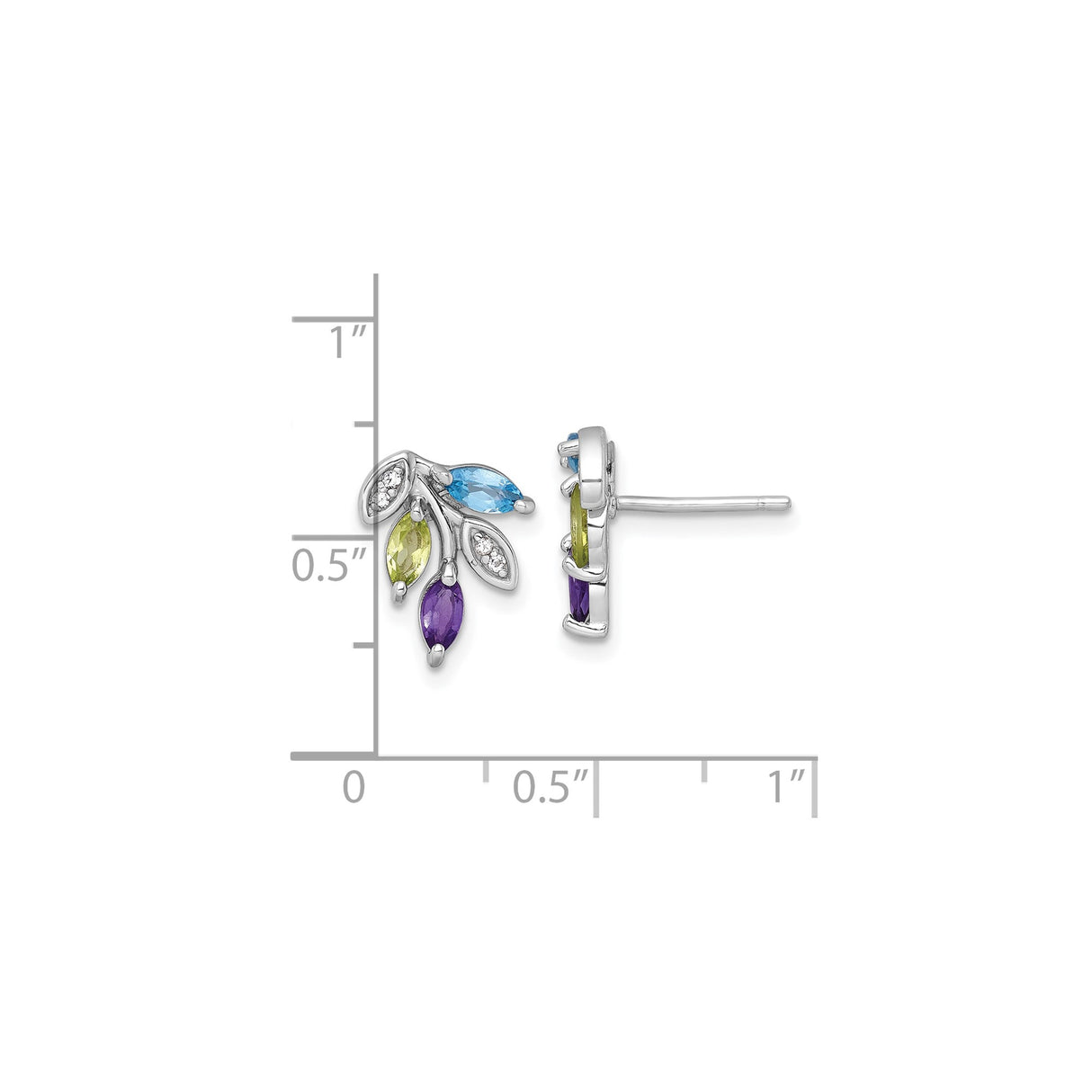 Sterling Silver Leaf Stud Earrings with Amethyst, Peridot, and Blue Topaz, Botanical Design