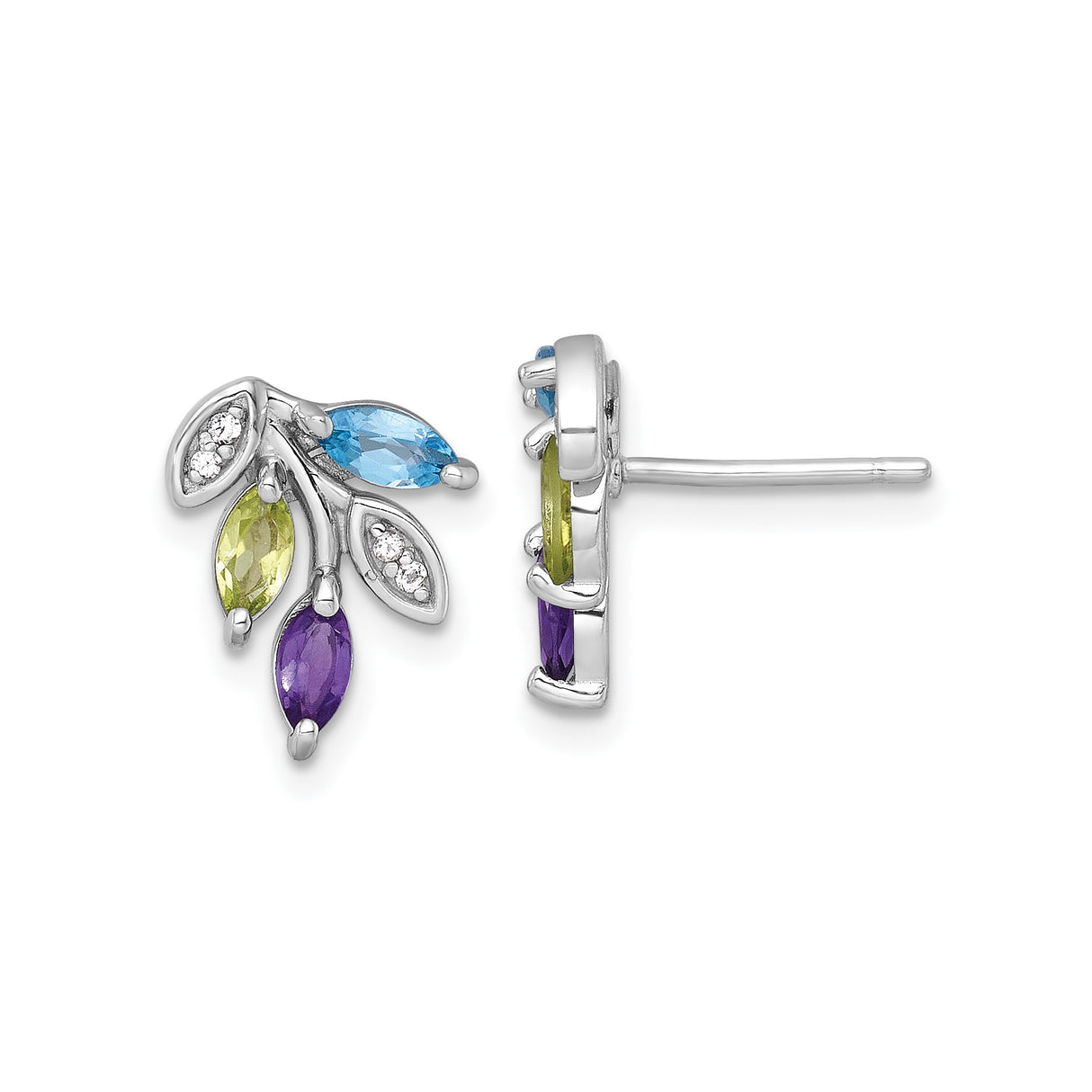 Sterling Silver Leaf Stud Earrings with Amethyst, Peridot, and Blue Topaz, Botanical Design