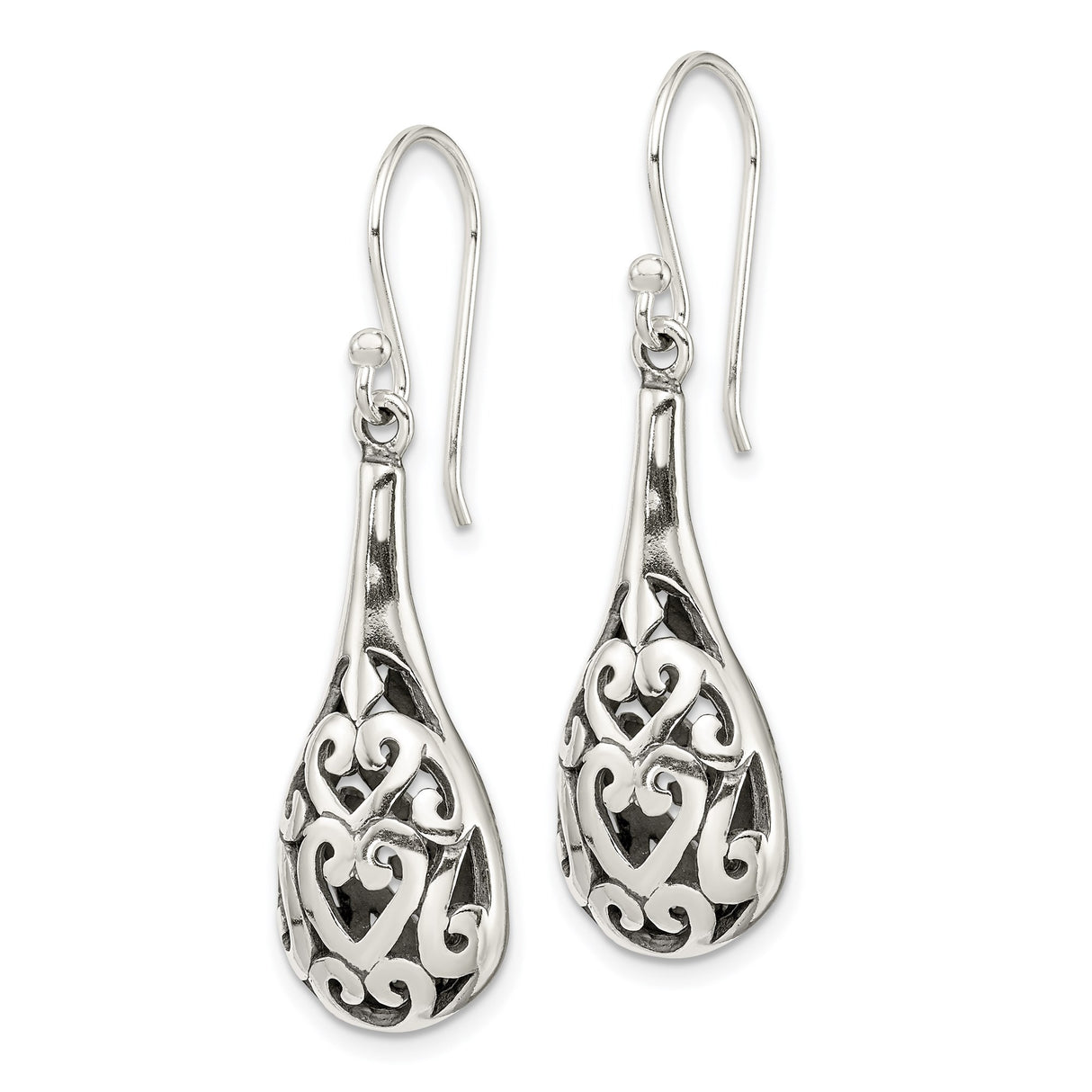 Sterling Silver Teardrop Dangle Earrings with Filigree Hearts and Scrollwork
