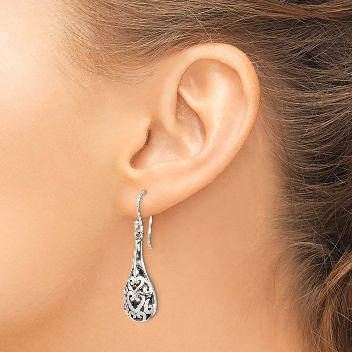 Sterling Silver Teardrop Dangle Earrings with Filigree Hearts and Scrollwork