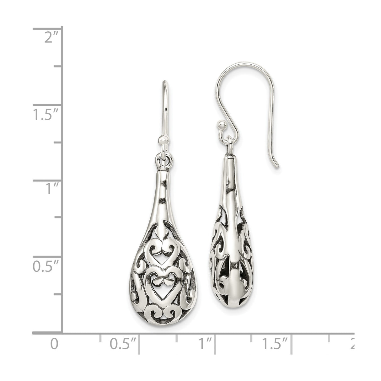 Sterling Silver Teardrop Dangle Earrings with Filigree Hearts and Scrollwork