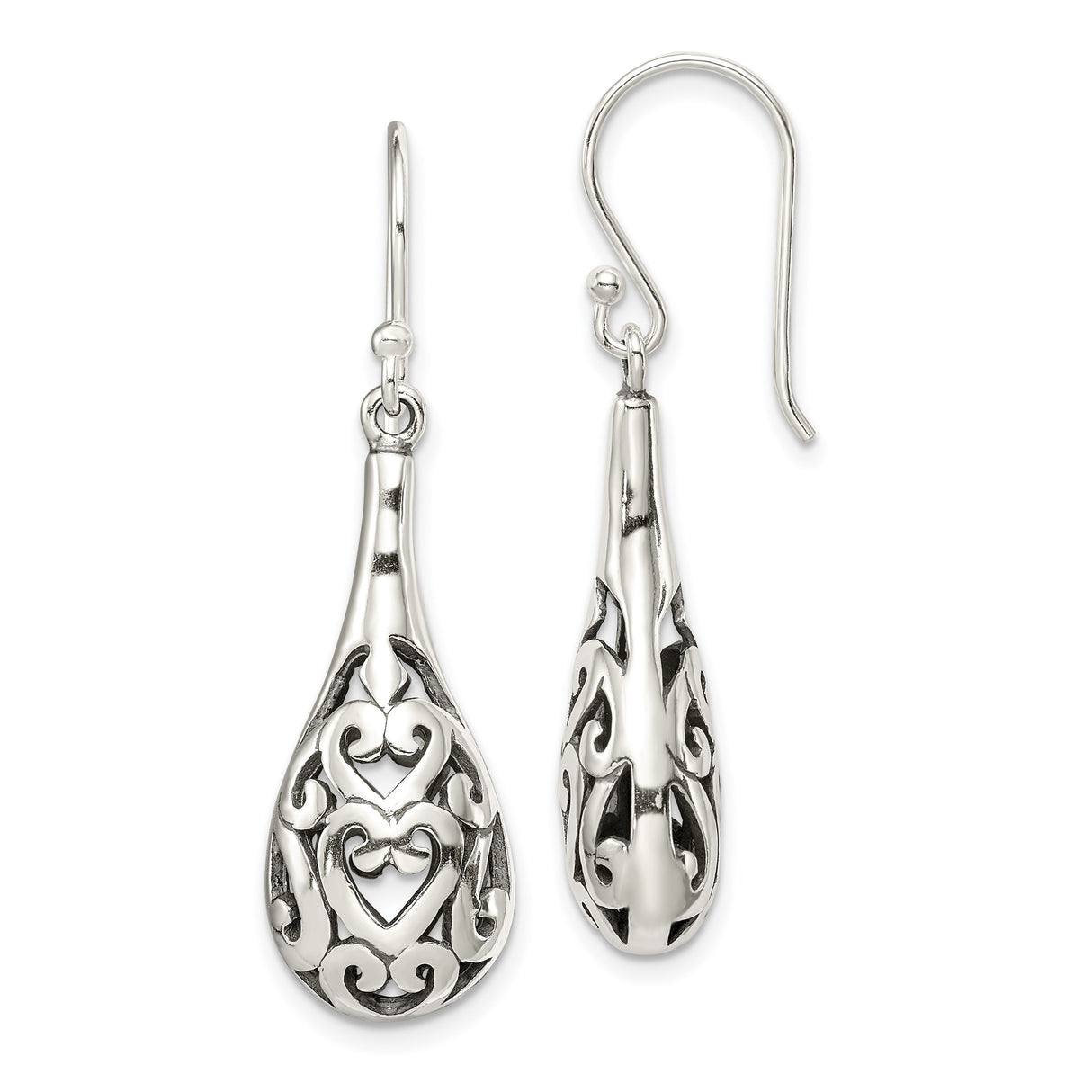 Sterling Silver Teardrop Dangle Earrings with Filigree Hearts and Scrollwork