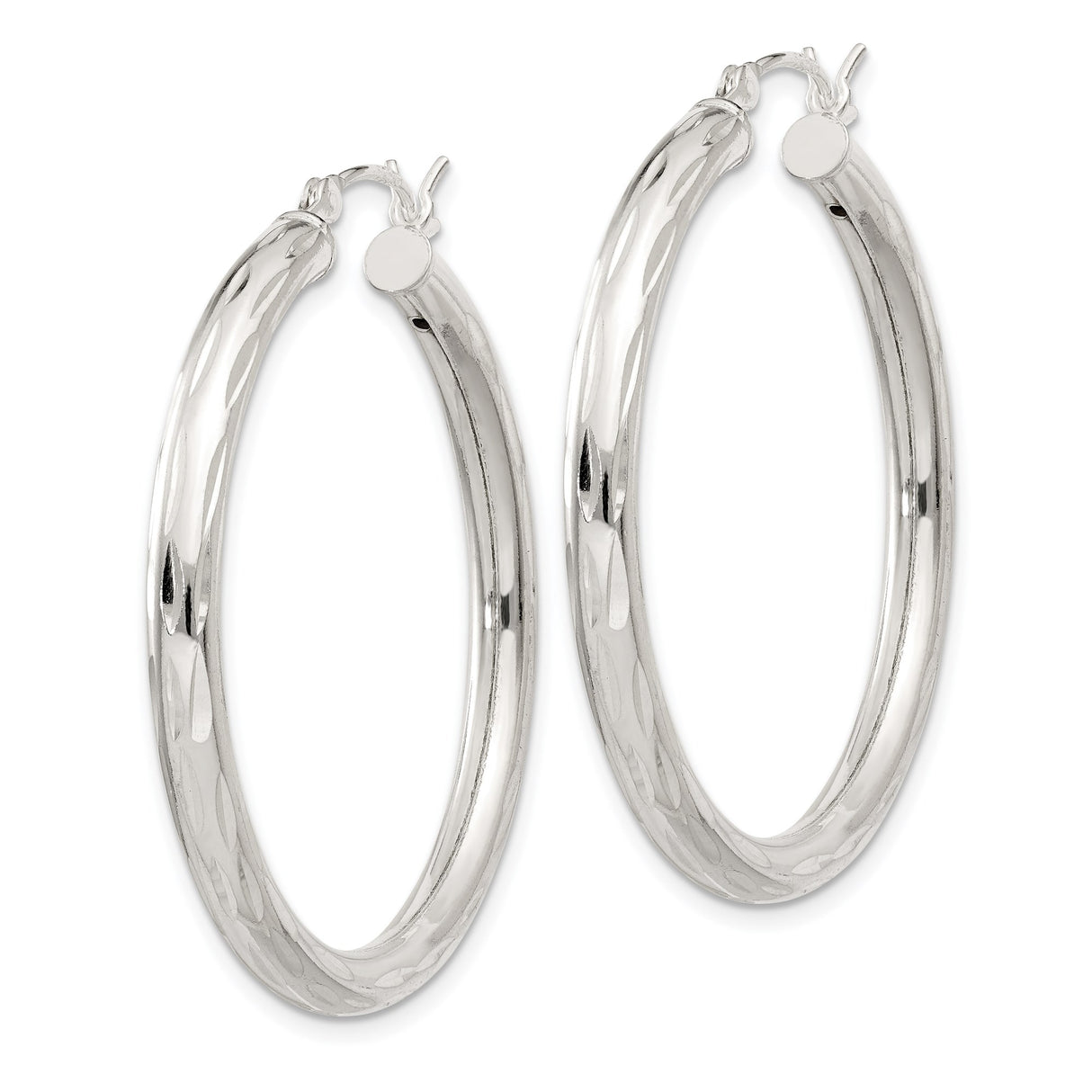 Sterling Silver Hoop Earrings, Diamond-Cut Texture, Polished Finish, Lightweight Round Design