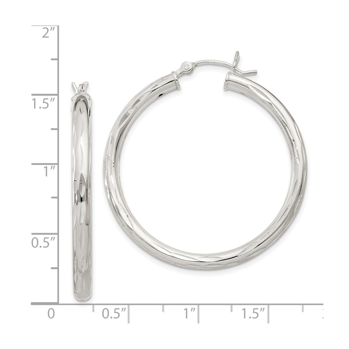 Sterling Silver Hoop Earrings, Diamond-Cut Texture, Polished Finish, Lightweight Round Design