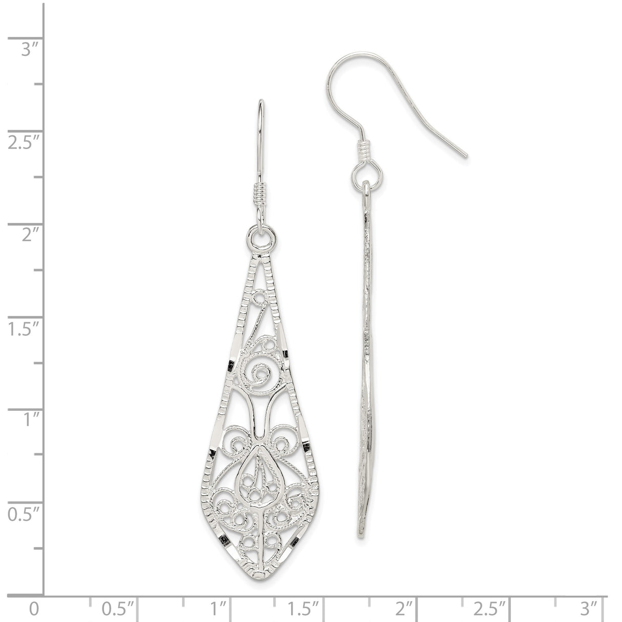 Sterling Silver Drop Earrings with Elongated Teardrop Filigree Openwork Design, Boho Vintage Style