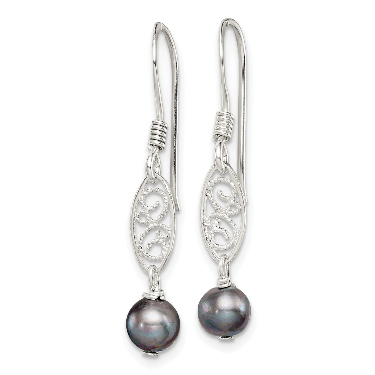 Sterling Silver Drop Earrings with Black Freshwater Pearls, Open Scroll Filigree Design