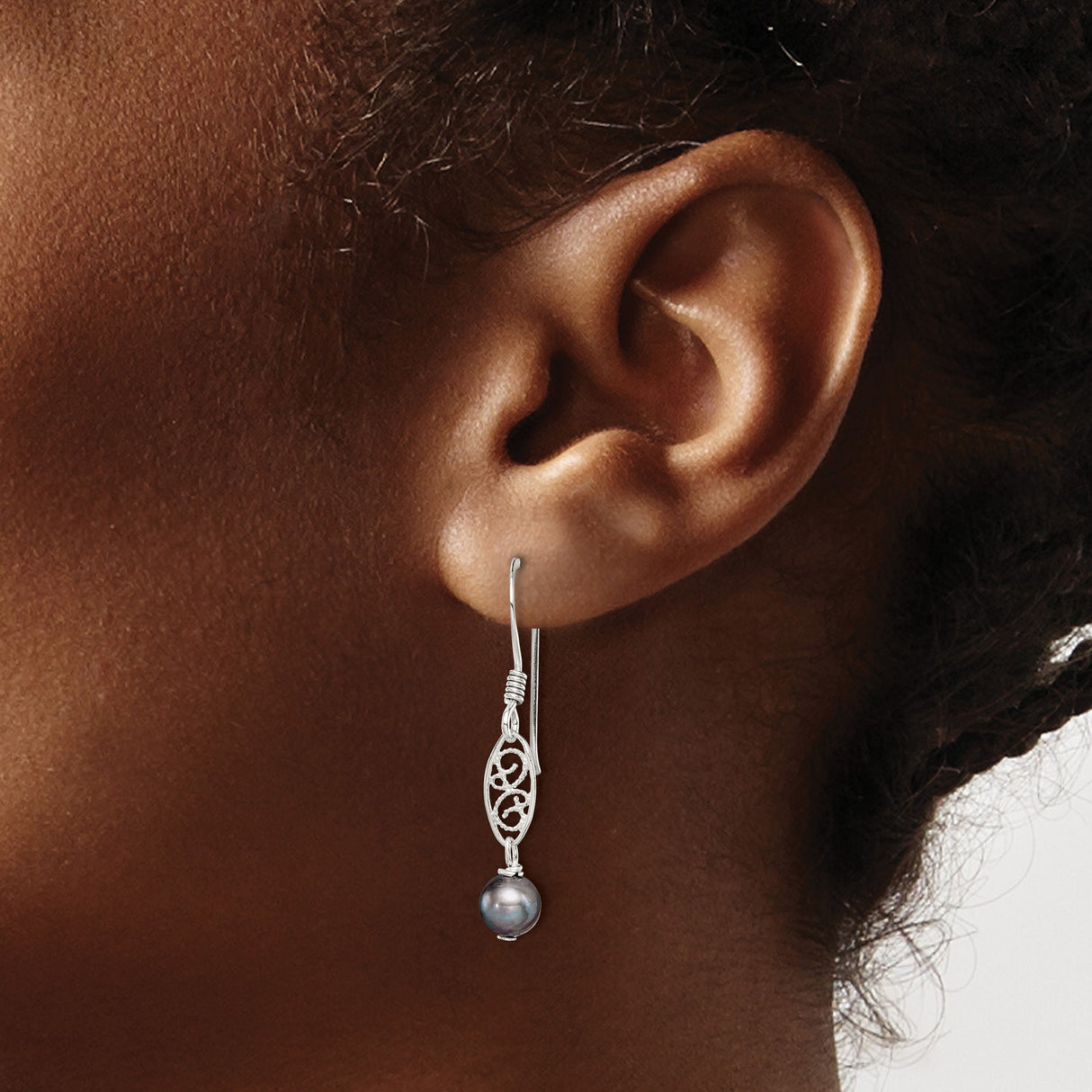 Sterling Silver Drop Earrings with Black Freshwater Pearls, Open Scroll Filigree Design