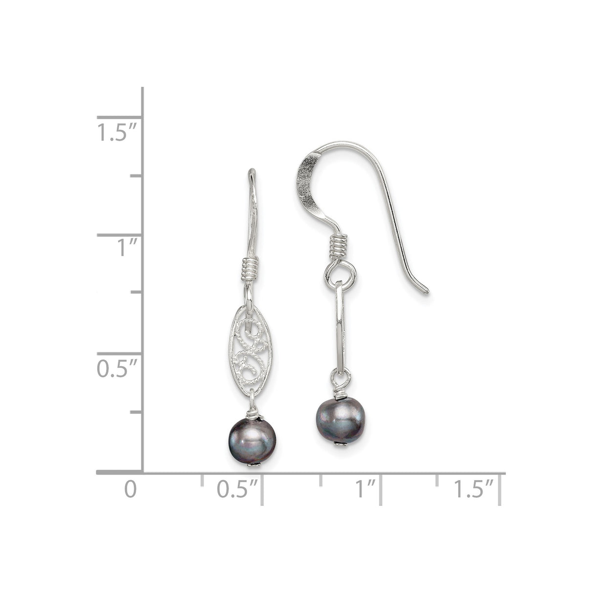 Sterling Silver Drop Earrings with Black Freshwater Pearls, Open Scroll Filigree Design