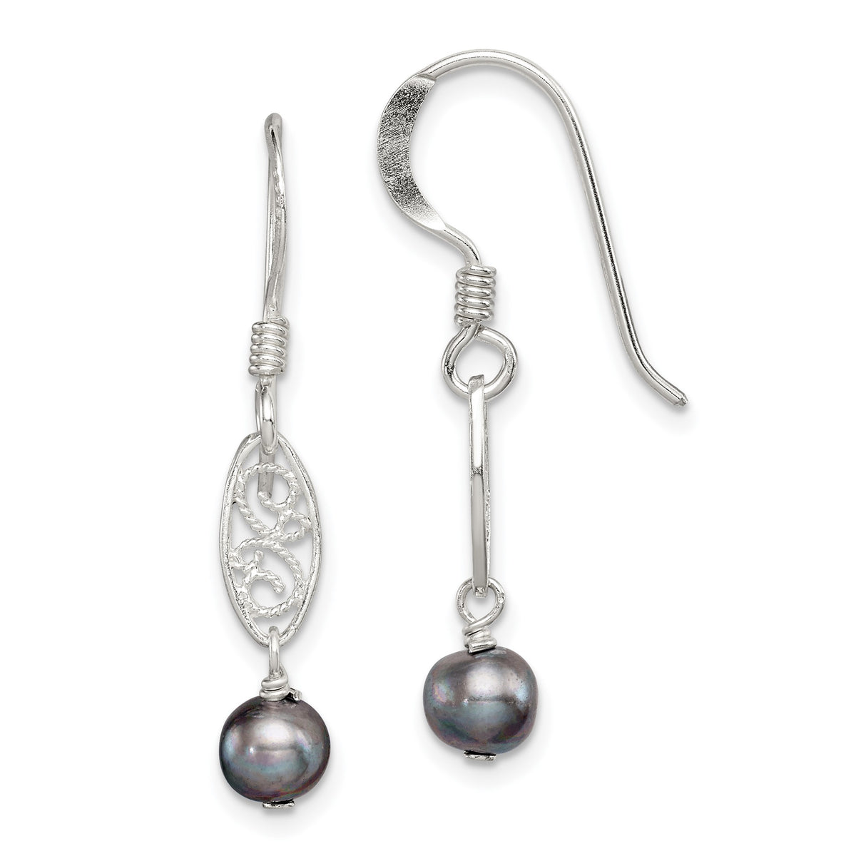 Sterling Silver Drop Earrings with Black Freshwater Pearls, Open Scroll Filigree Design