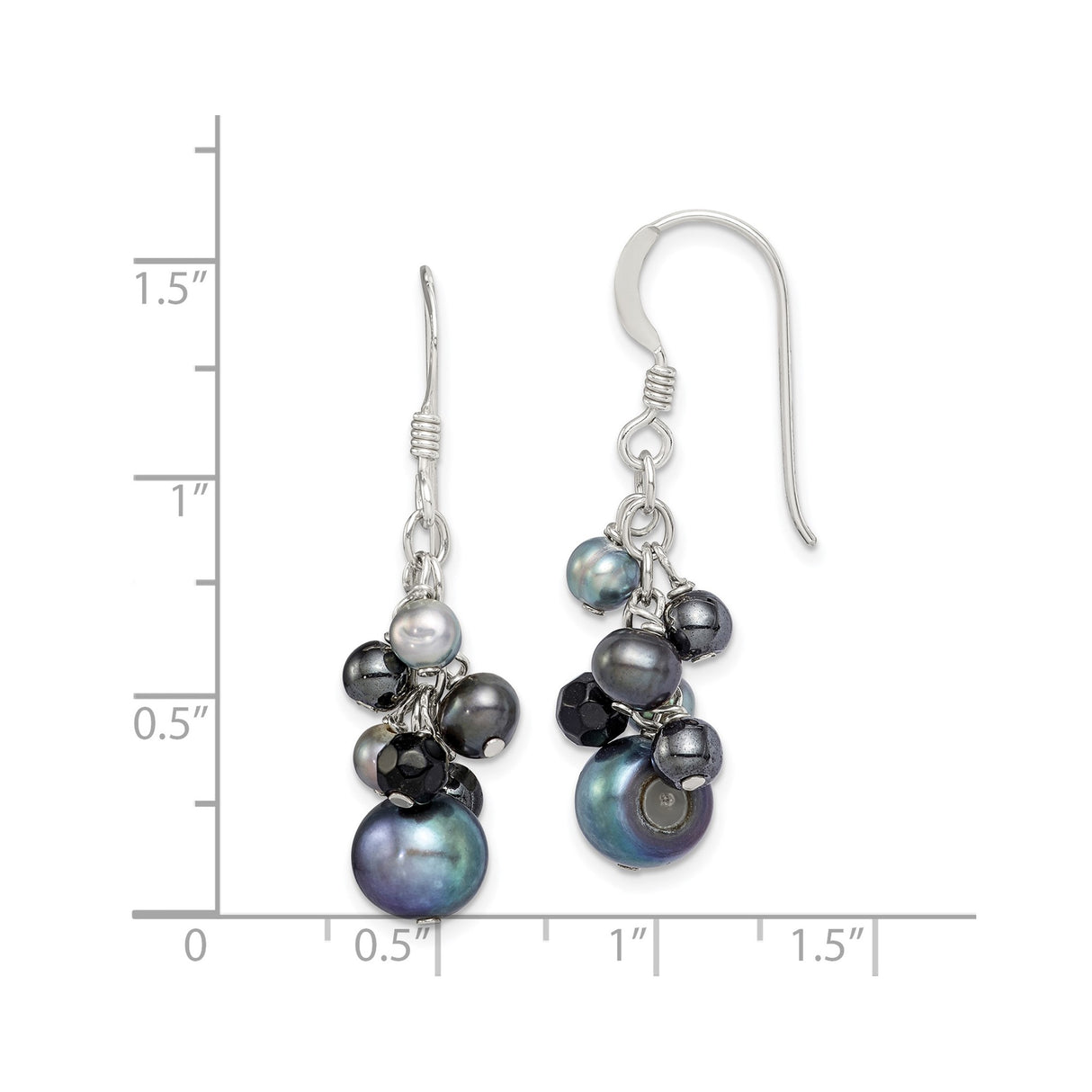 Sterling Silver Dangle Earrings with Freshwater Pearls and Onyx, Cluster Drop Design for Women