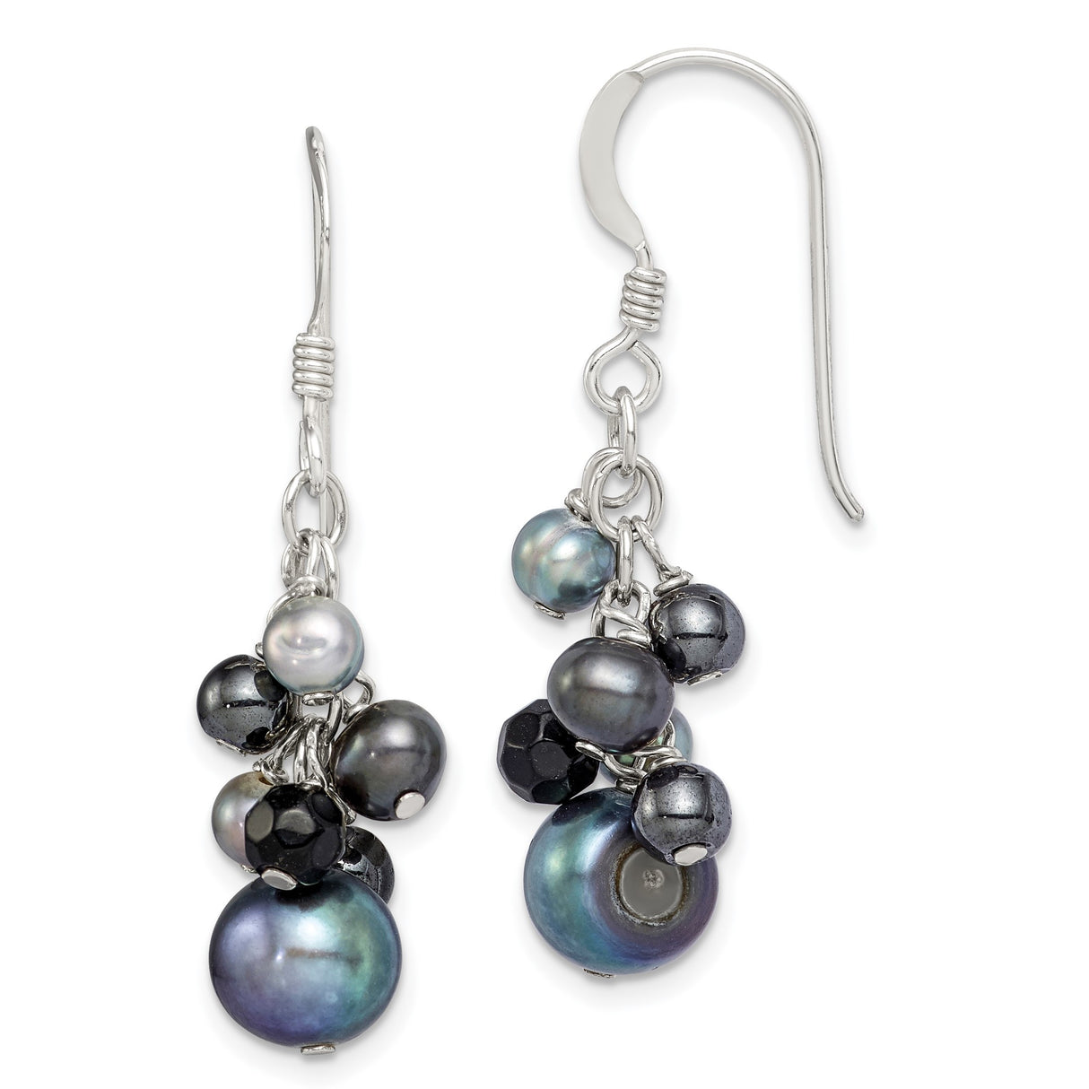 Sterling Silver Dangle Earrings with Freshwater Pearls and Onyx, Cluster Drop Design for Women
