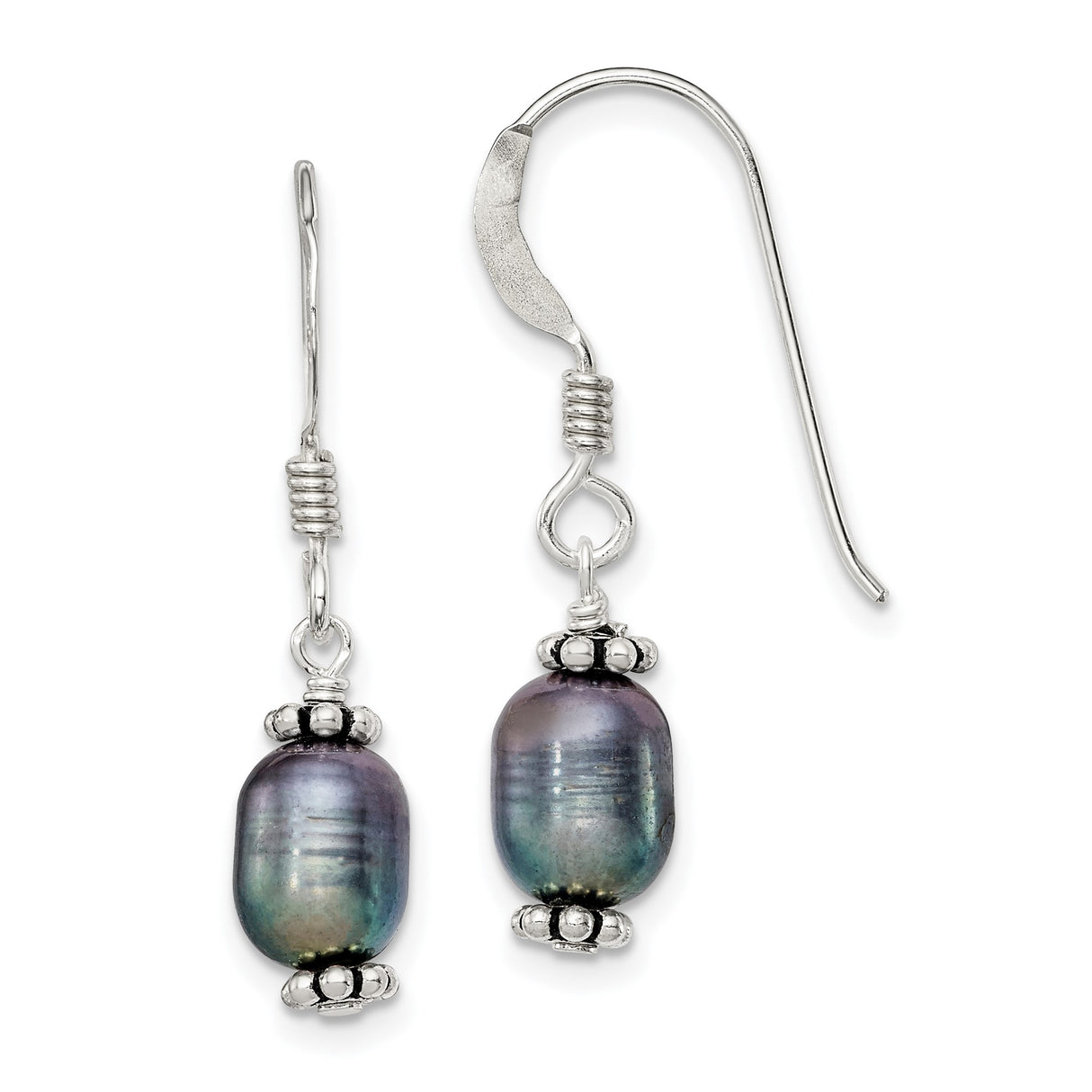 Sterling Silver Dangle Earrings with Oval Freshwater Pearls and Bead Caps