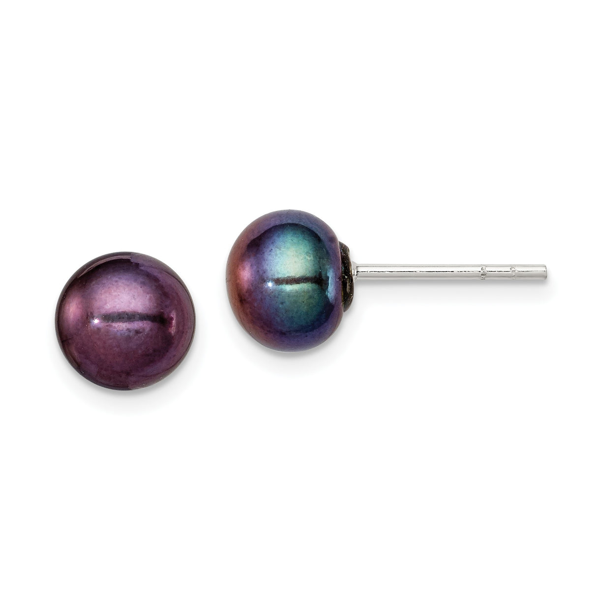 Sterling Silver Stud Earrings with Round Multicolor Freshwater Pearls, Iridescent Button Style