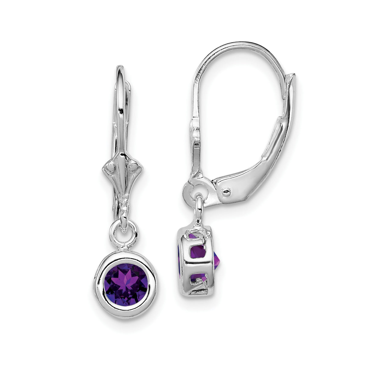 Sterling Silver Leverback Drop Earrings with Amethyst in Modern Bezel Setting