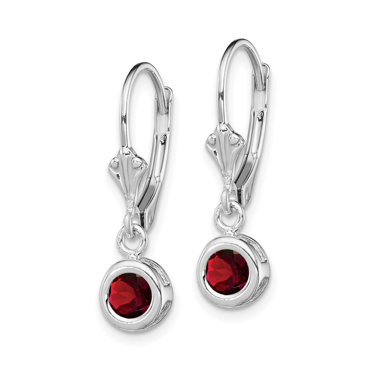 Sterling Silver Leverback Dangle Earrings with Round Garnet in Bezel Setting, January Birthstone Jewelry