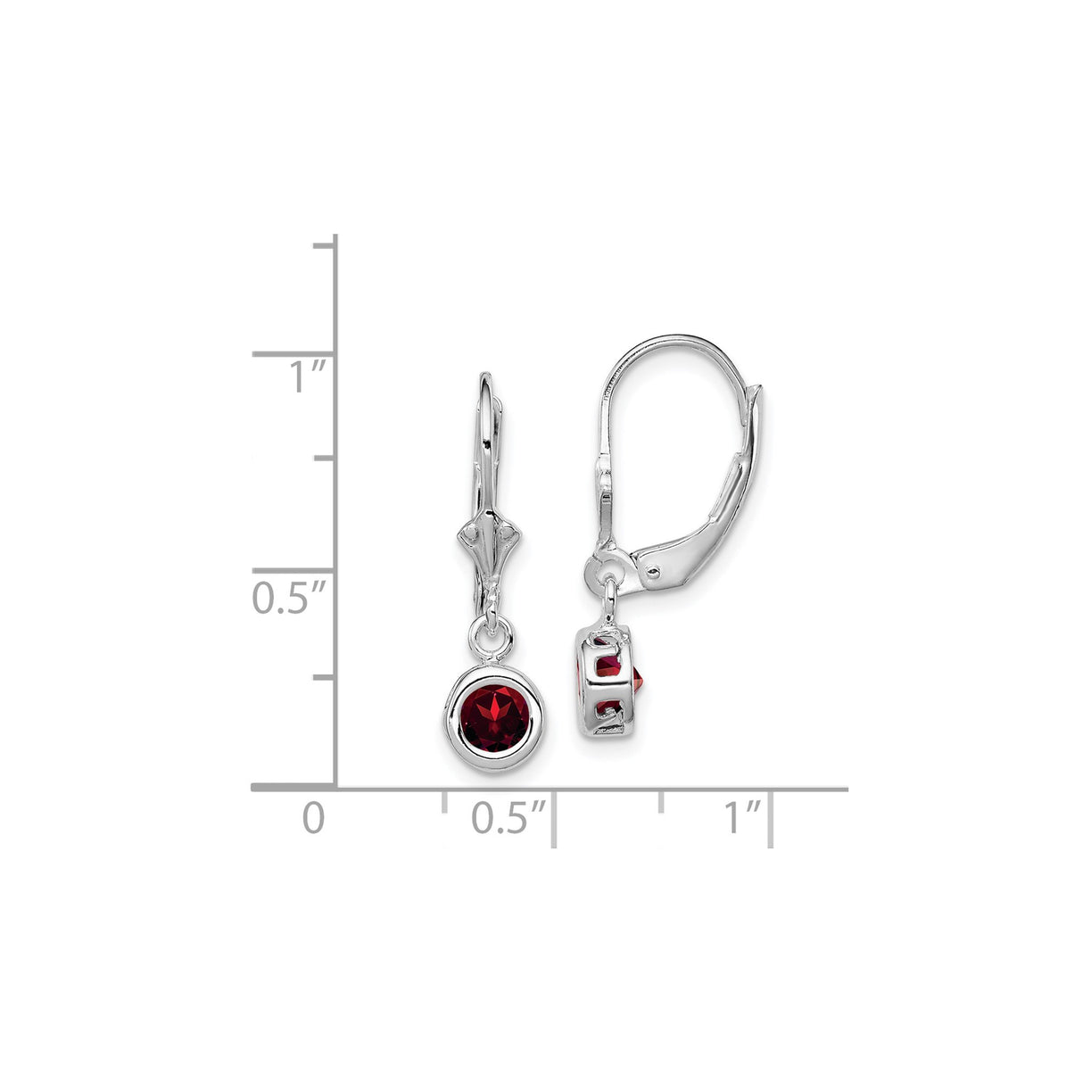 Sterling Silver Leverback Dangle Earrings with Round Garnet in Bezel Setting, January Birthstone Jewelry