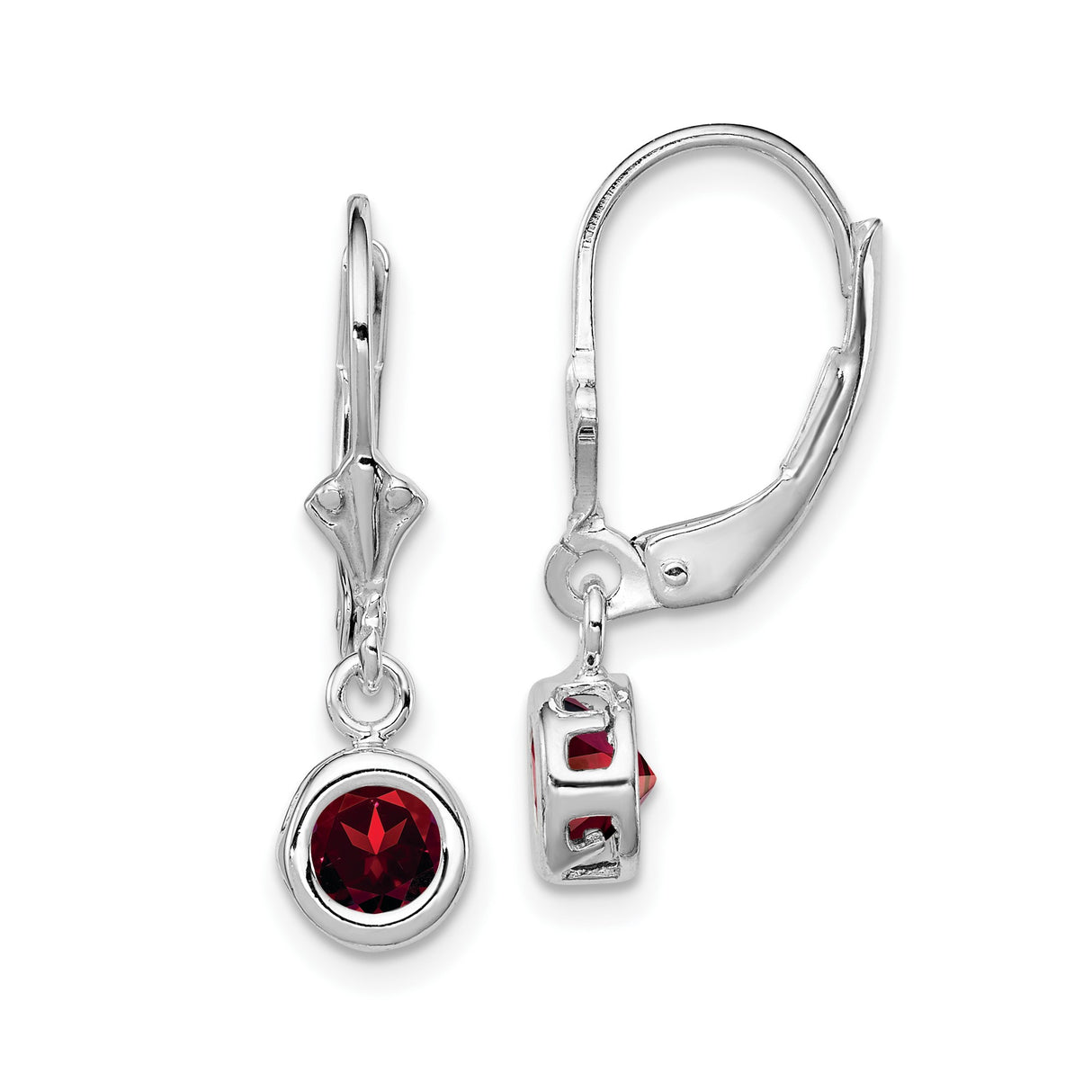 Sterling Silver Leverback Dangle Earrings with Round Garnet in Bezel Setting, January Birthstone Jewelry