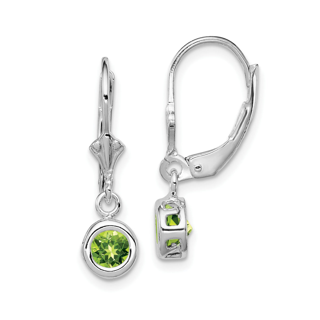 Sterling Silver Dangle Leverback Earrings with Peridot in Bezel Setting, Minimalist Drop Design