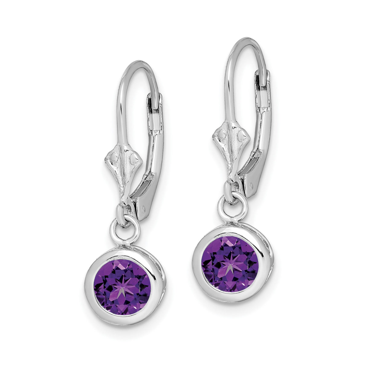 Sterling Silver Leverback Earrings with Amethyst in Bezel Setting, Modern Dangle Style