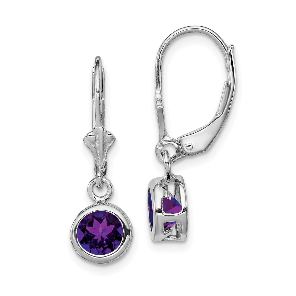 Sterling Silver Leverback Earrings with Amethyst in Bezel Setting, Modern Dangle Style