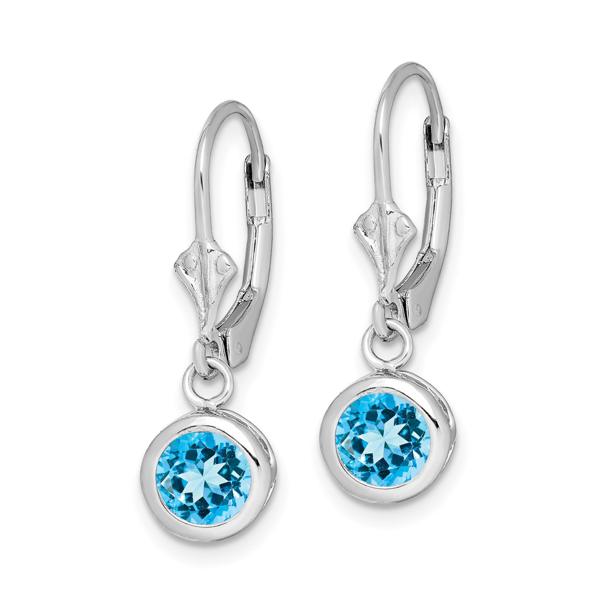 Sterling Silver Dangle Earrings with Round Swiss Blue Topaz, Bezel Set Leverback Design