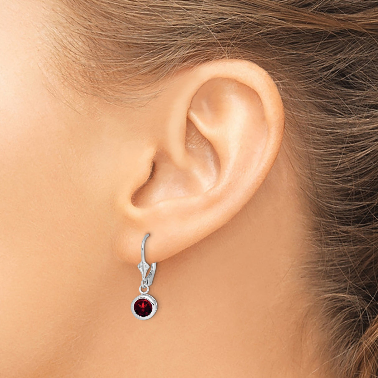 Sterling Silver Dangle Earrings with Garnet in Bezel Setting, Leverback Hooks, January Birthstone