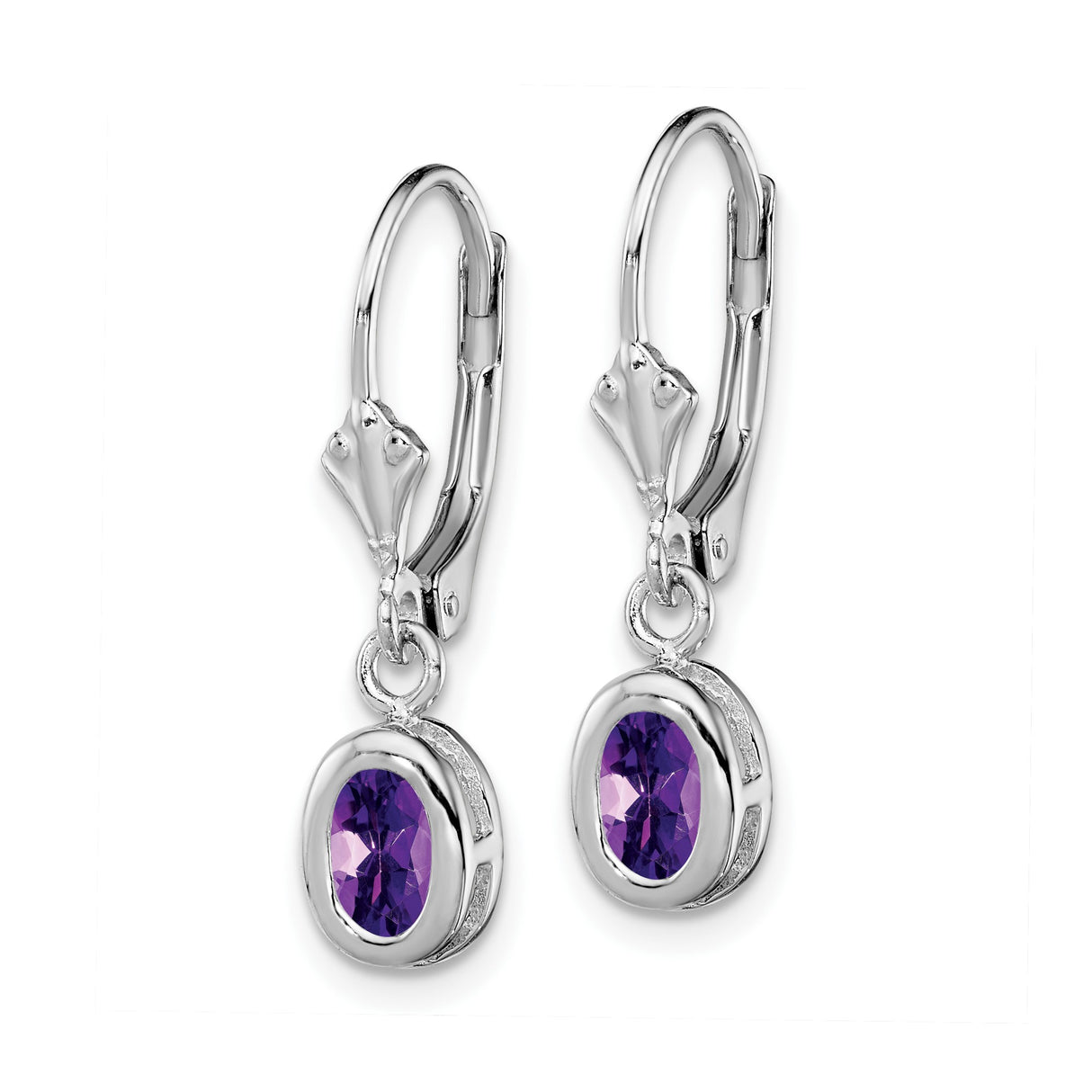 Sterling Silver Dangle Earrings with Oval Amethyst in Bezel Setting, Leverback Drop Style