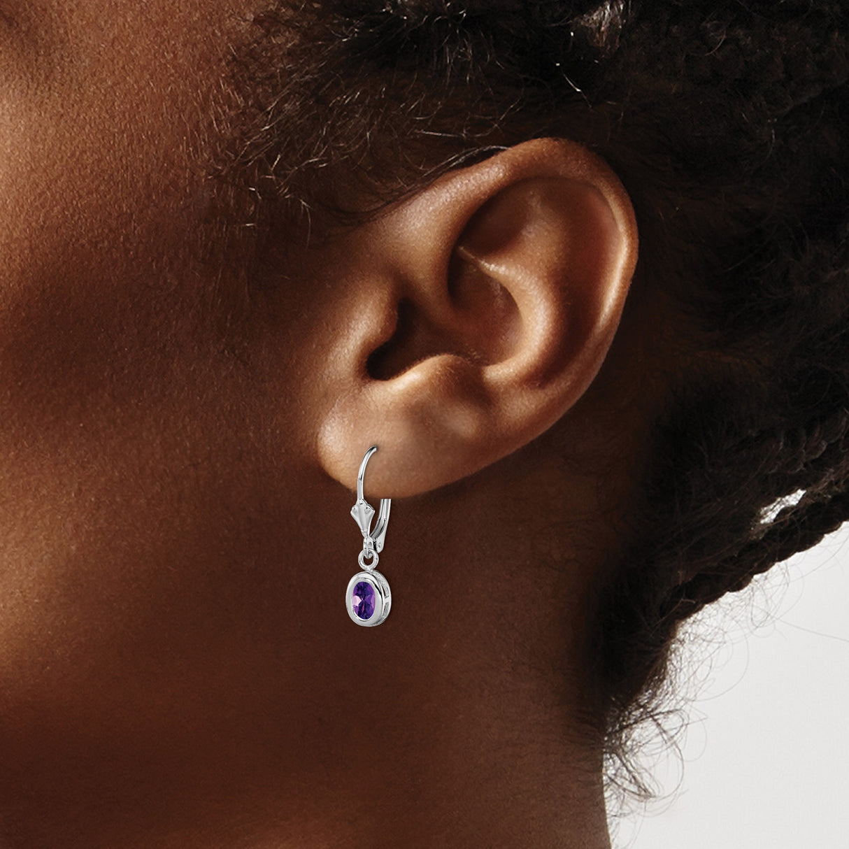 Sterling Silver Dangle Earrings with Oval Amethyst in Bezel Setting, Leverback Drop Style