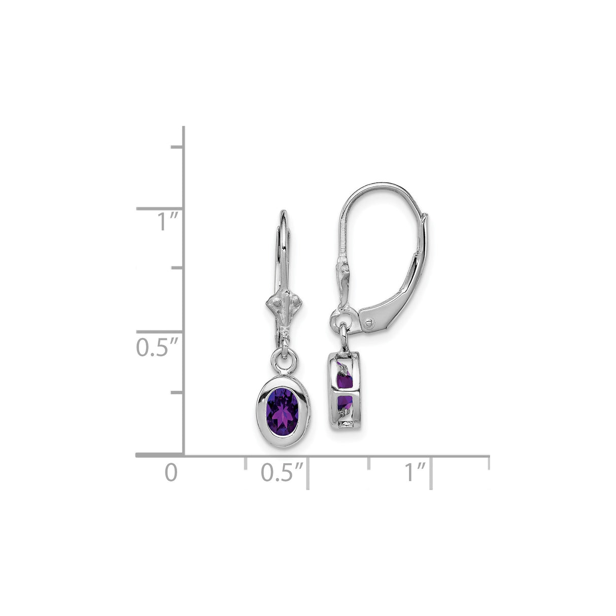 Sterling Silver Dangle Earrings with Oval Amethyst in Bezel Setting, Leverback Drop Style