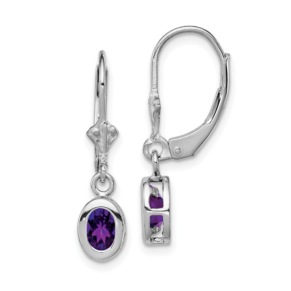 Sterling Silver Dangle Earrings with Oval Amethyst in Bezel Setting, Leverback Drop Style