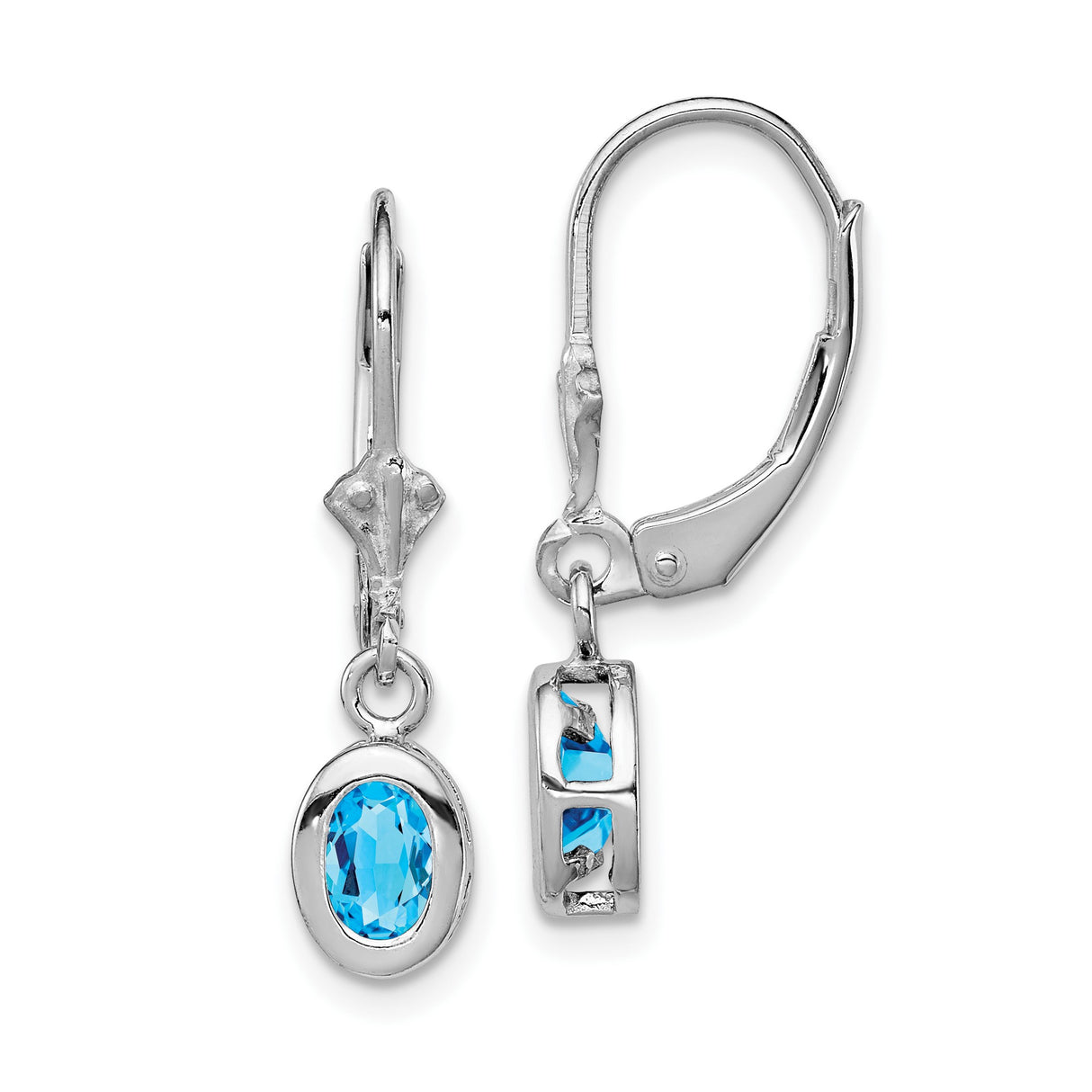 Sterling Silver Drop Earrings with Oval Swiss Blue Topaz in Bezel Setting, Leverback Design