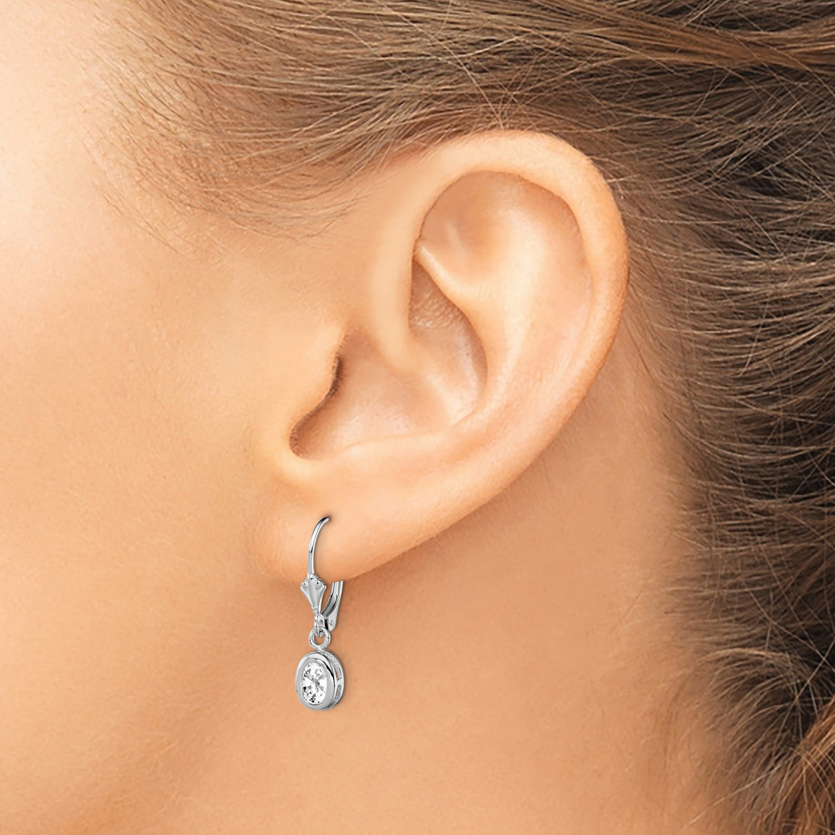 Sterling Silver Dangle Earrings with Oval Cut Cubic Zirconia, Bezel Setting, Leverback Closure