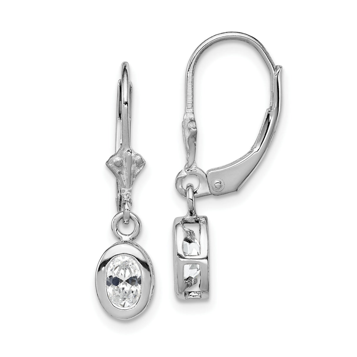 Sterling Silver Dangle Earrings with Oval Cut Cubic Zirconia, Bezel Setting, Leverback Closure