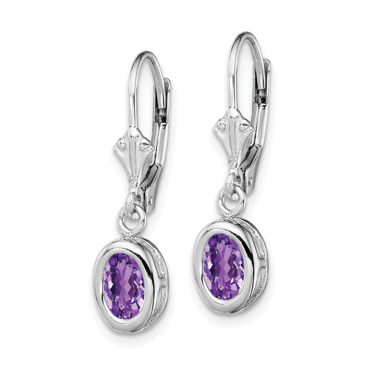 Sterling Silver Dangle Earrings with Oval Amethyst, Leverback, Open Heart Design